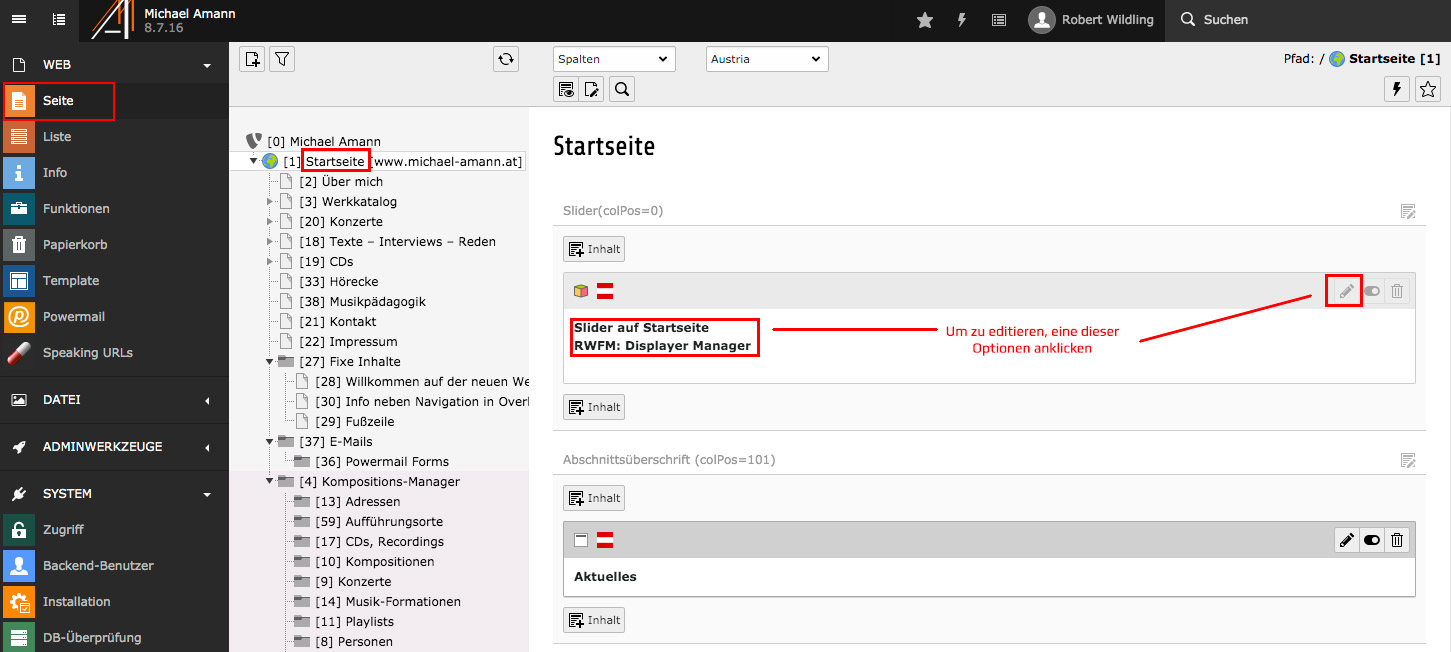 Displayer auf der Startseite