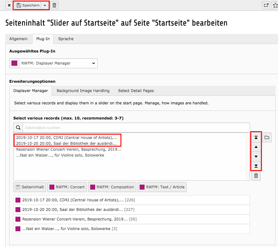 Displayer auf der Startseite
